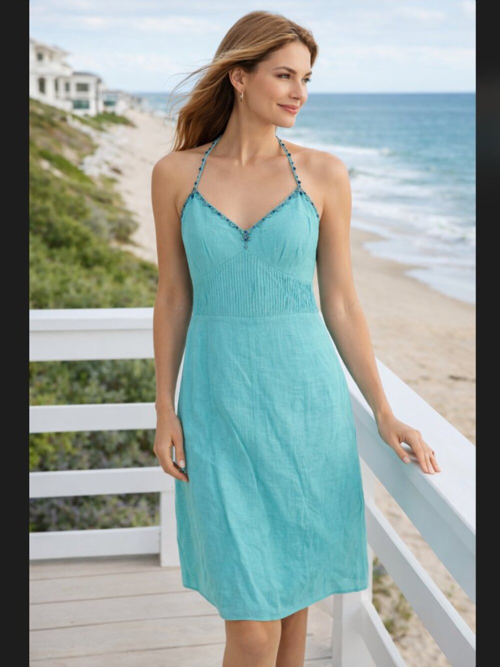 Ann Taylor A-Line Halter Dress 10P Petite Linen Beaded Lined Blue Zip Beachy NWT